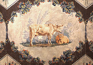 Tapete mit Rindern und Ziegen, 19. Jahrhundert, aus einem Gasthof in Randesacker, Museum für Franken; Foto: Museum für Franken