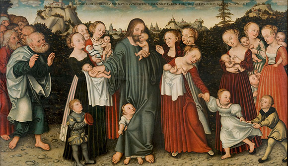 Lucas Cranach d. Ä., Lasset die Kindlein zu mir kommen, Tafelmalerei, nach 1537. Inv.-Nr. Angermuseum: 7414