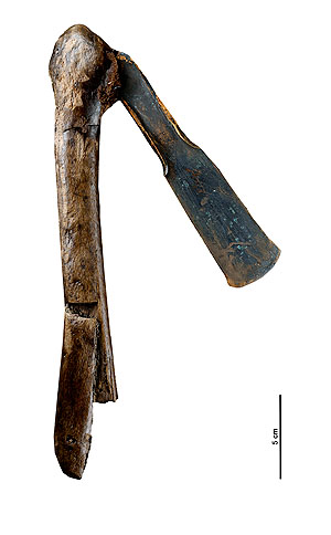 Bronzebeil mit Holm, die Fassung ist zerbrochen, das Beil verrutscht (Quelle: LfD, M. Erne)