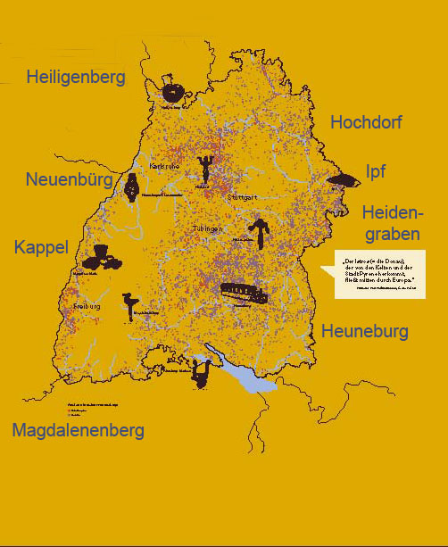Übersichtskarte von Baden-Württemberg mit allen eisenzeitlichen Fundstellen. Auszug aus dem Flyer der Ausstellung. Landesamt für Denkmalpflege im Regierungspräsidium Stuttgart