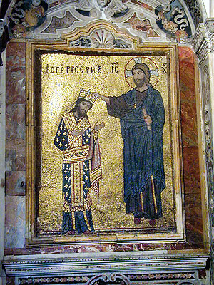 Krönungsmosaik des normannischen Königs Roger II. in der Chiesa della Martorana, Palermo. 