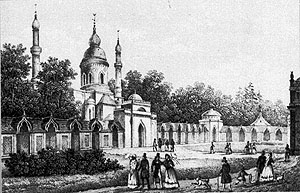 Gartenmoschee im Schwetzinger Schlossgarten. Gezeichnet von Johann Michael Zeyher um 1825. Fotorechte: Wikimedia Commons, Urheber unbekannt, gemeinfrei