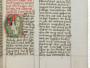 Seite mit Darstellung der Buchmeisterin im Leipziger Exemplar des Ämterbuches von Johannes Meyer (Universitätsbibliothek Leipzig, MS 1548, fol. 89r)