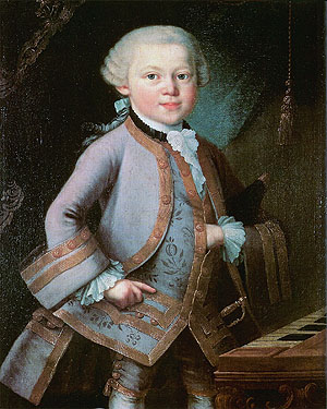 Wolfgang Amadeus Mozart (1756 - 1791) im Alter von 6 Jahren. Porträt von Mozarts Vater Leopold in Auftrag gegeben und Pietro Antonio Lorenzoni zugeschrieben. Mozarteum Salzburg /Wikimedia Commpns /PD