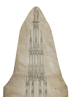 Johannes Hültz:’ Straßburger Münster, ursprünglicher Entwurf des TurmhelmsTurmspitze und Plattformgeschoss. Foto: Musee de l'Oeuvre Notre Dame