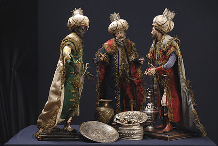 Die Heiligen Drei Könige. Neapolitanische Krippenfiguren, 20. Jahrhundert.