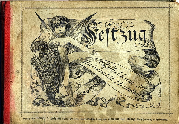 Universität Heidelberg, Jubiläum 1886: Titel des Festzugsalbums, gezeichnet von H. Kley, Karlsruhe, 1886