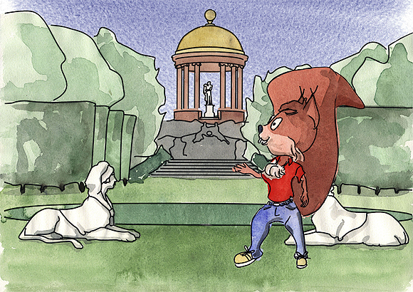 Maskottchen Carli vor dem Apollotempel im Schwetzinger Schlossgarten. Bild: ssg