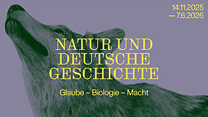 Das Plakat zur Ausstellung zeigt einen heulenden Wolf
